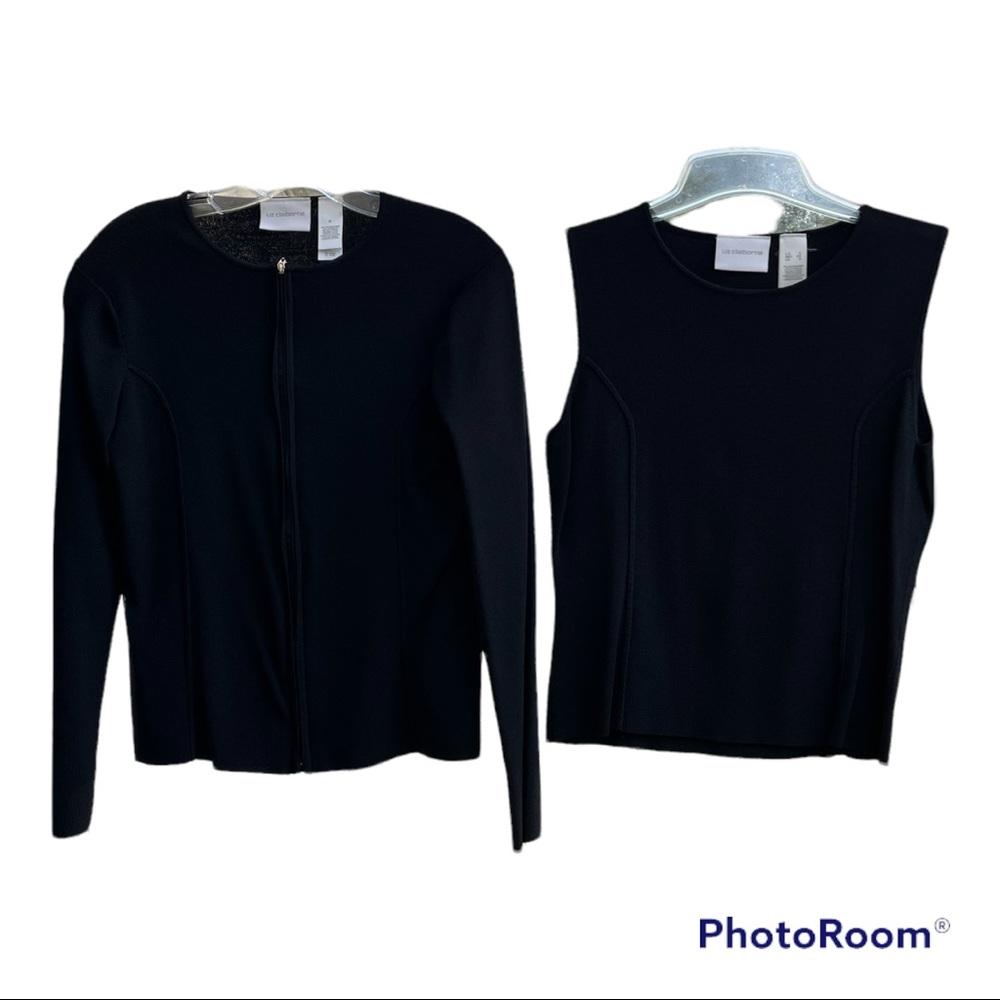 Womens Black Sweater Set, Liz Claiborne. Sweater Sz Med, Sleeveless Top Sz Sm
